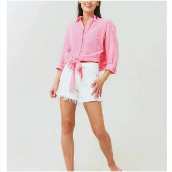 Xirena Women's Kytt Barbiecore Striped 100% Cotton Button-down Front Tie Medium - Picture 3 of 10